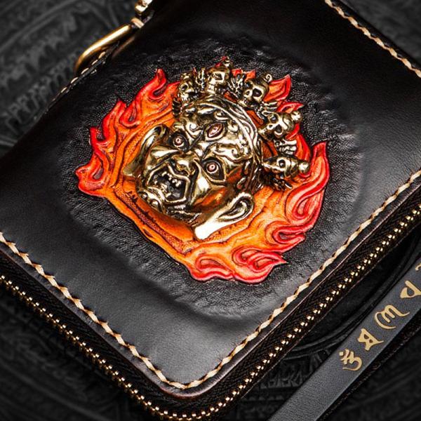 Handmade Mahākāla Leather Black Biker Wallet Mens Cool Short Chain Wallet Trucker Wallet with Chain