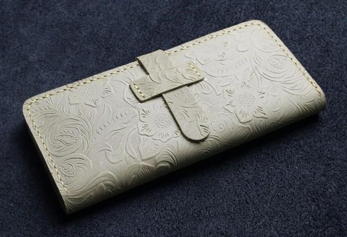 Handmade Leather Floral Mens Cool Travel Long Wallet Card Holder Card Slim Clutch Wallets for Men
