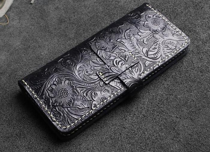 Handmade Leather Floral Mens Cool Travel Long Wallet Card Holder Card Slim Clutch Wallets for Men