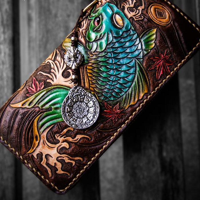 Handmade Leather Tooled Carp Mens Chain Biker Wallet Cool Leather Wallet Long Phone Wallets for Men