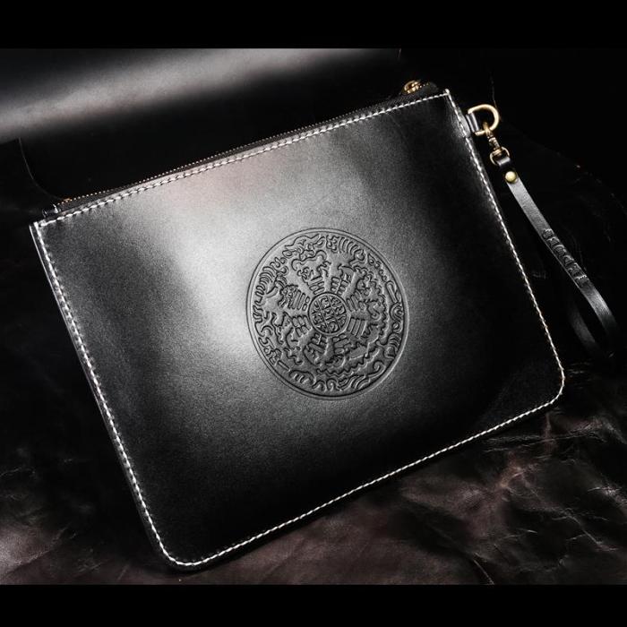 Handmade Leather Mens Clutch Cool Slim Wallet Zipper Clutch Wristlet Wallet for Men