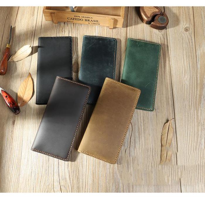Handmade Coffee Leather Mens Bifold Long Wallet Personalized Coffee Checkbook Wallets for Men