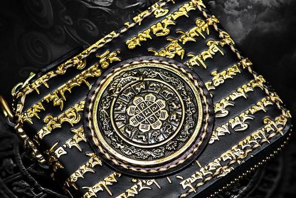 Handmade Leather Chain Wallet Tooled Tibetan Biker Wallet Mens Cool billfold Trucker Wallet with Chain
