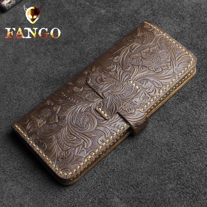 Handmade Leather Floral Mens Cool Travel Long Wallet Card Holder Card Slim Clutch Wallets for Men