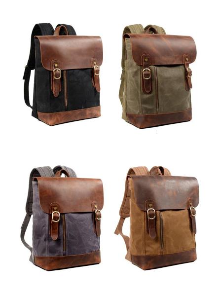 Waxed Canvas Leather Mens 14'' Waterproof Black School Backpack Green Travel Backpack for Men