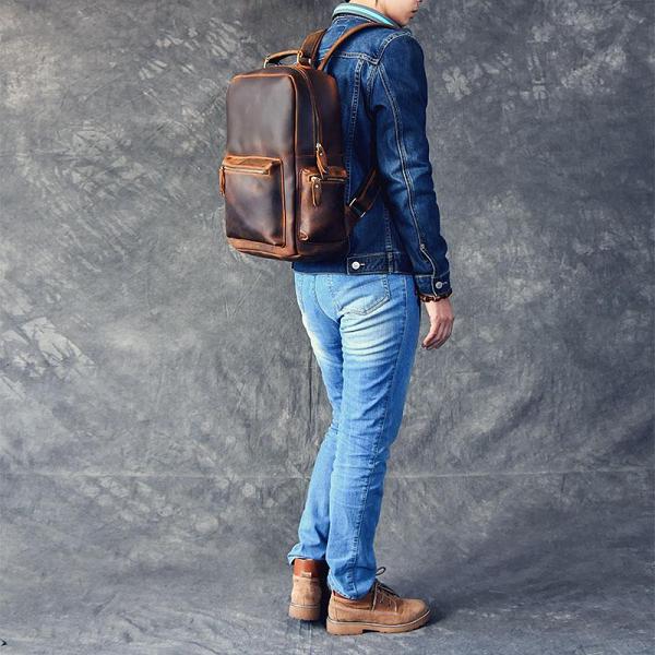 Vintage Brown Leather Mens 15 Laptop Backpack Hiking Backpack Travel Backpack College School Bag for Men