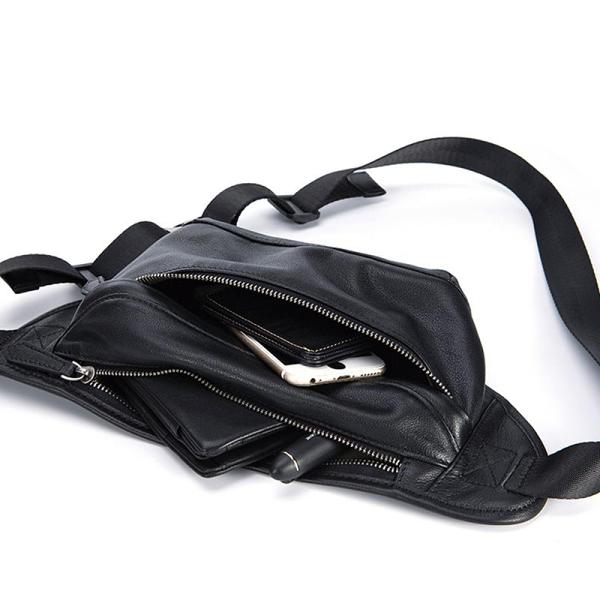 Black Leather Mens Waist Bag Fanny Pack Sling Bag Chest Bag Black One Shoulder Backpack for Men