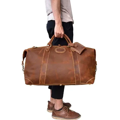 Cool Dark Brown Leather Mens Barrel Overnight BagsWeekender Bags Travel Bag For Men