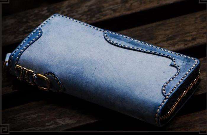 Handmade Leather Mens Chain Biker Wallet Cool Leather Wallet Long Clutch Wallets for Men
