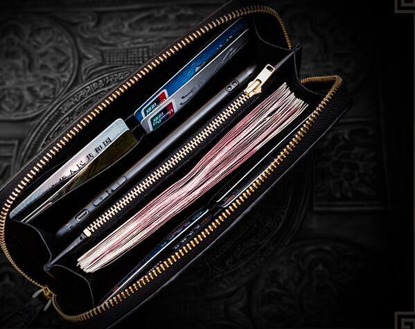 Handmade Leather Chinese Dragon Mens Chain Biker Wallet Cool Leather Wallet Long Clutch Wallets for Men