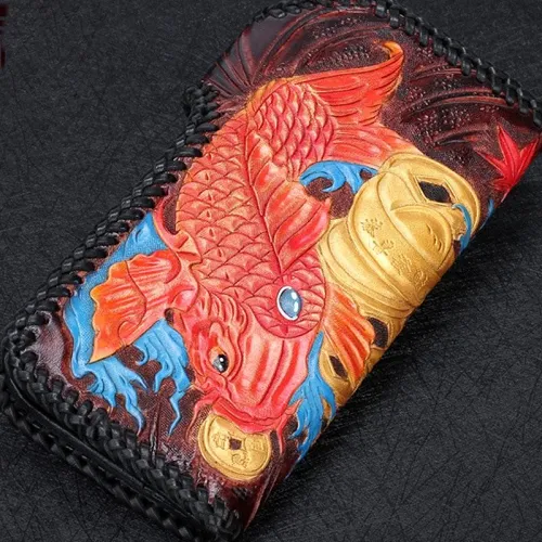 Handmade Leather Carp Mens Chain Biker Wallet Cool Leather Wallet With Chain Wallets for Men