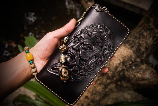 Handmade Leather Acalanatha Mens Chain Biker Wallet Cool Leather Wallet Long Clutch Wallets for Men