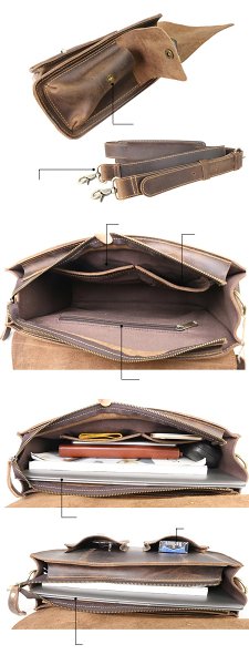 Vintage Dark Brown Leather Mens 14 inches Briefcase Work Shoulder Briefcase Handbags For Men