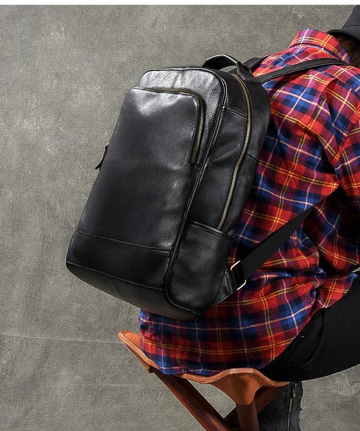 Black Leather Mens 15 Laptop Backpack Hiking Backpack Travel Backpack College Backpack for Men