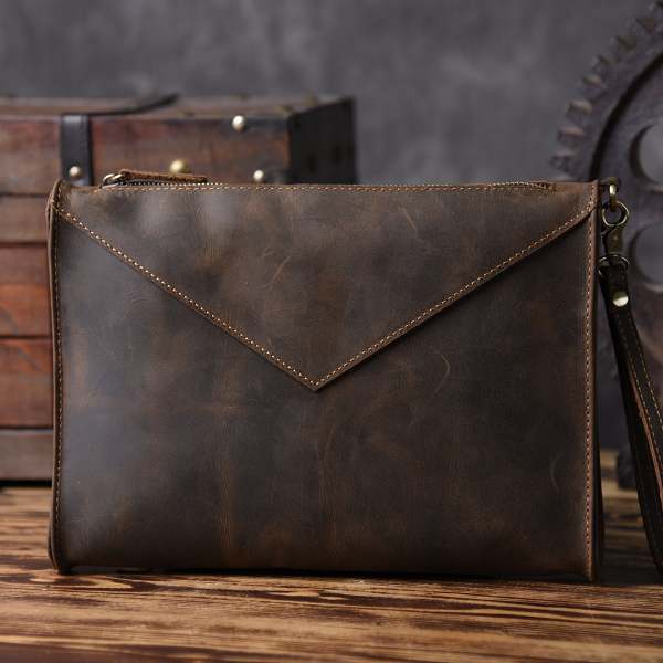 Handmade Leather Mens Clutch Cool Slim BagZipper Clutch Wristlet Wallet for Men