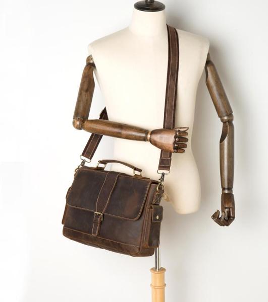 Cool Dark Brown Leather Mens 14 inches Briefcase Laptop Bags Business Side Bag Work Bag for Men