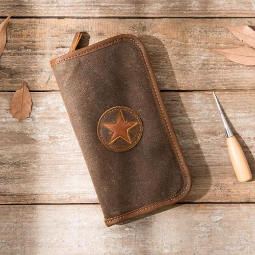 Cool Canvas Leather Mens Bifold Long Wallet Zipper Long Wallet for Men