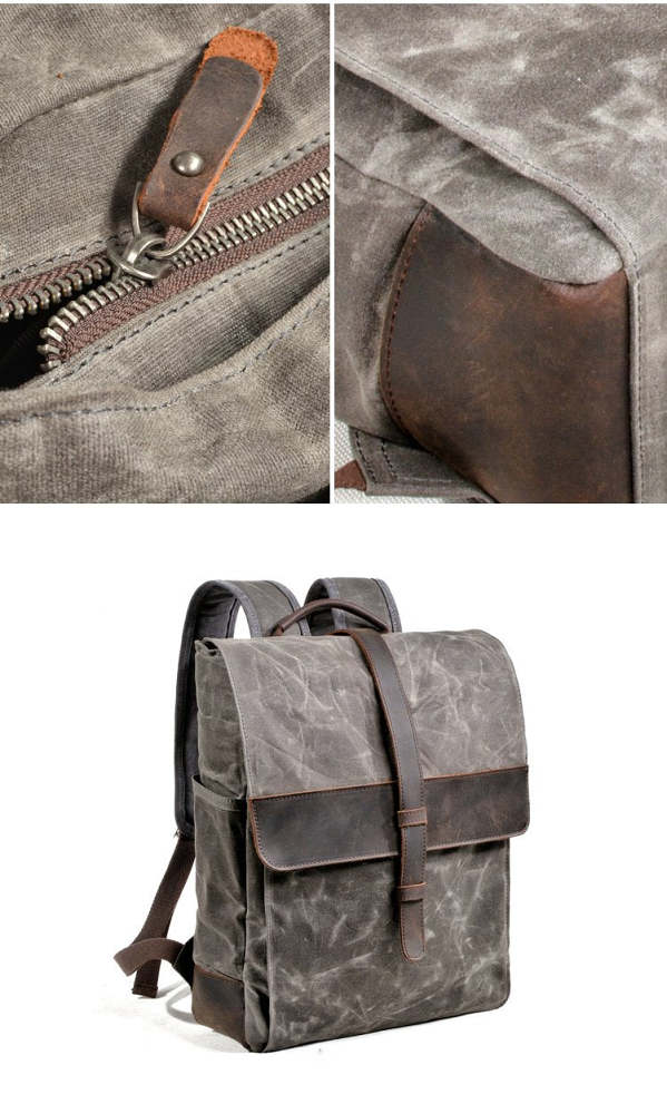 Cool Canvas Leather Mens Large Waterproof Black 15‘’ Backpack Travel Backpack Khaki Computer Backpack for Men