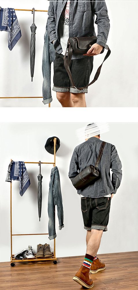 Leather Mens Cool Barrel Sling Bag Crossbody Bag for men
