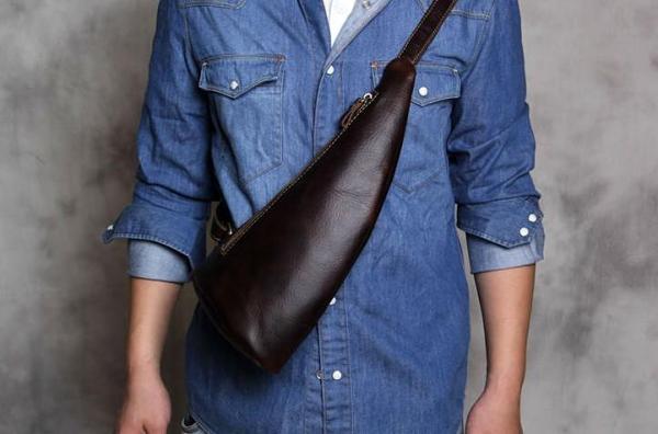 Genuine Brown Mens Cool Sling Bag Leather Vintage Crossbody Bag Chest Bag Travel Bag for men