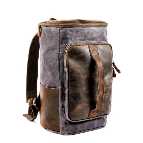 Cool Waxed Canvas Black Leather Mens 15.6‘’ Barrel Green Backpack Travel Backpack Hiking Backpack for Men