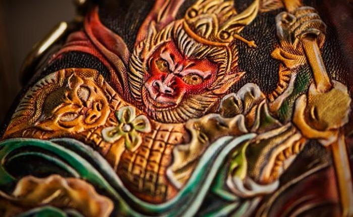 Handmade Leather Tooled Monkey King Mens Chain Biker Wallet Cool Leather Wallet Long Clutch Wallets for Men