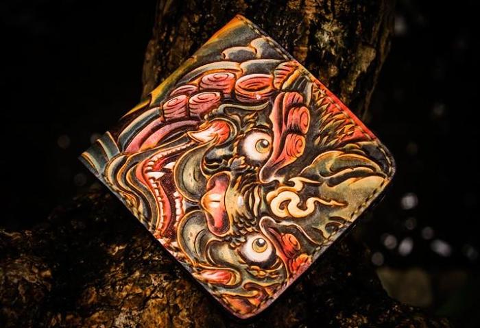 Handmade Leather Chinese Lion Tooled Mens billfold Wallet Cool Leather Wallet Slim Wallet for Men