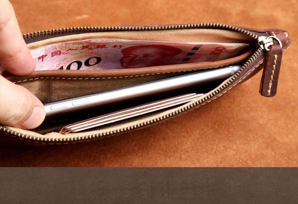 Genuine Leather Mens Cool Long Leather Wallet Slim Zipper Clutch Wristlet Wallet for Men