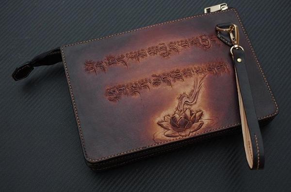 Handmade Leather Men Tooled Sakyamuni Buddha Cool Leather Wallet Long Phone Clutch Wallets for Men