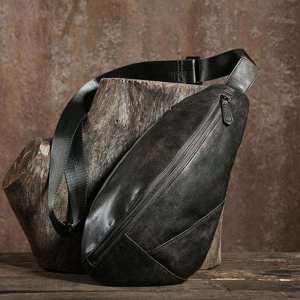 Handmade Leather Mens Cool Chest Bag Sling Bag Crossbody Bag Travel Bag Hiking Bag for men