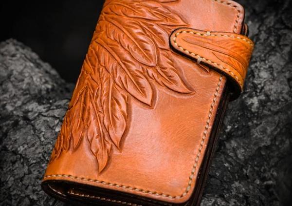 Handmade Leather Tooled Skull Indian Chief Biker Wallet Mens Cool Short Chain Wallet Trucker Wallet with Chain