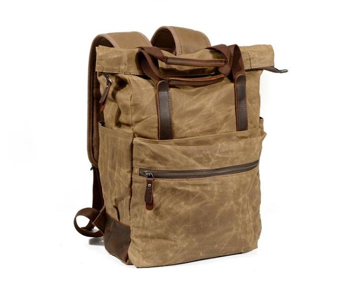 Cool Canvas Leather Mens Black College Backpack 15'' Computer Backpack Travel Backpack Hiking Bag for Men