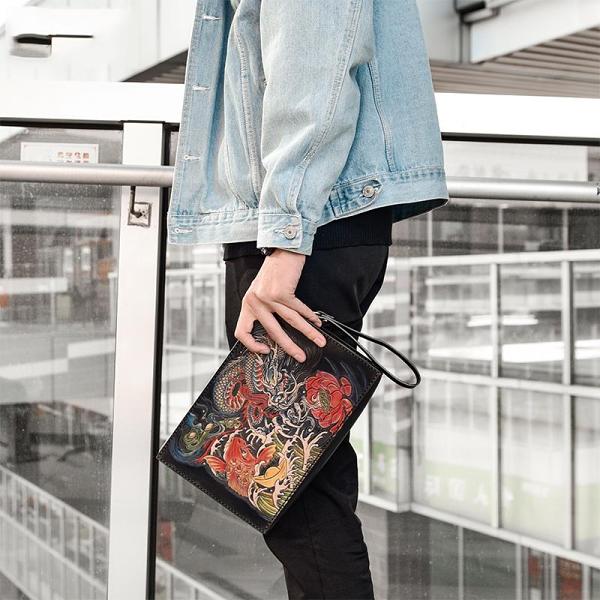 Handmade Black Tooled Dragon Carp Leather Clutch Wristlet Bag Messenger Bag Side Bag For Men