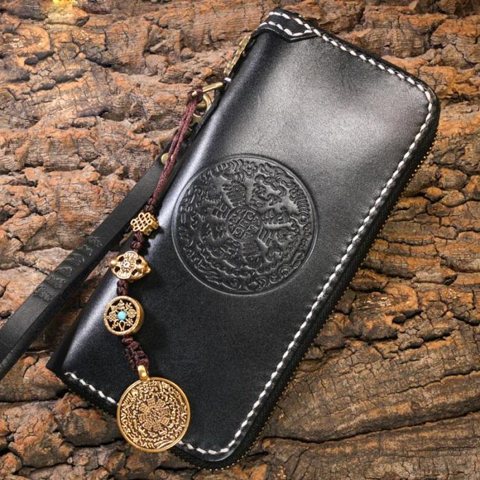 Handmade Leather Mens Chain Biker Wallet Cool Leather Wallet Long Phone Wallets for Men
