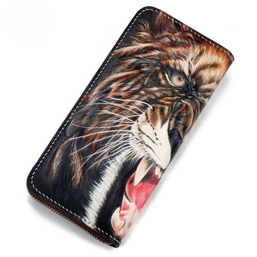 Handmade Leather Tooled Tiger Mens Chain Zipper Biker Wallet Cool Leather Wallet Long Phone Wallets for Men