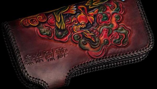 Handmade Leather Chinese Lion Mens Chain Biker Wallet Cool Leather Wallet With Chain Wallets for Men