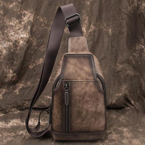 Brown Cool LEATHER MENS 8 inches Tan Sling Bag One Shoulder Backpack Blue Chest Bag For Men