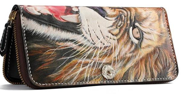 Handmade Leather Tooled Tiger Mens Chain Zipper Biker Wallet Cool Leather Wallet Long Phone Wallets for Men