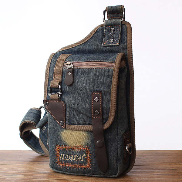 Blue Denim Mens Biker Sling Pack Chest Bag Vintage Denim Sling Bag For Men