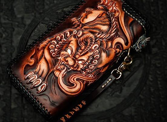 Handmade Leather Tooled Chinese Dragon Chain Wallet Mens Biker Wallet Cool Leather Wallet Long Phone Wallets for Men