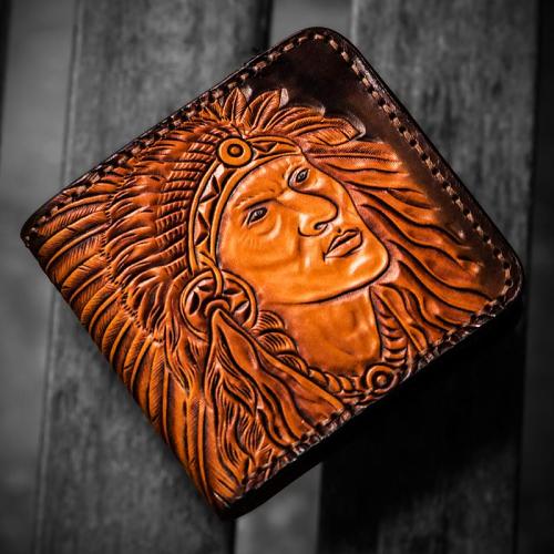 Handmade Leather Indian Chief Tooled Mens billfold Wallet Cool Leather Wallet Slim Wallet for Men