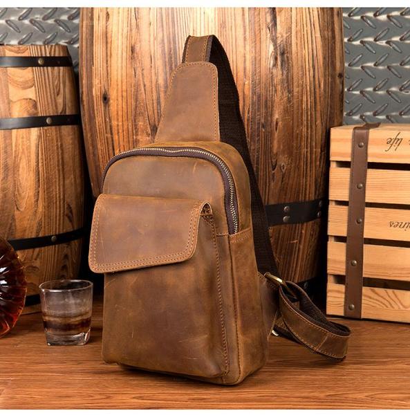 Cool Dark Brown Leather Mens Sling Bag Crossbody Pack One Shoulder Pack Brown Chest Bag for men