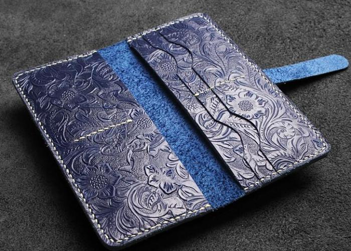Handmade Leather Floral Mens Cool Travel Long Wallet Card Holder Card Slim Clutch Wallets for Men