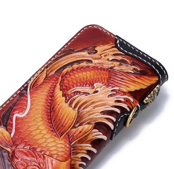 Handmade Leather Carp Mens Chain Zipper Biker Wallet Cool Leather Wallet Long Phone Wallets for Men