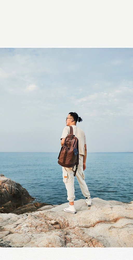 Waxed Canvas Leather Mens Large Backpack Canvas Travel Backpack Barrel Travel Backpacks for Men