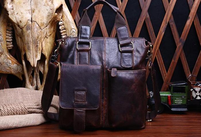 Vintage Coffee Leather Mens Briefcase Laptop Bag Business Bags Work Bag for Men