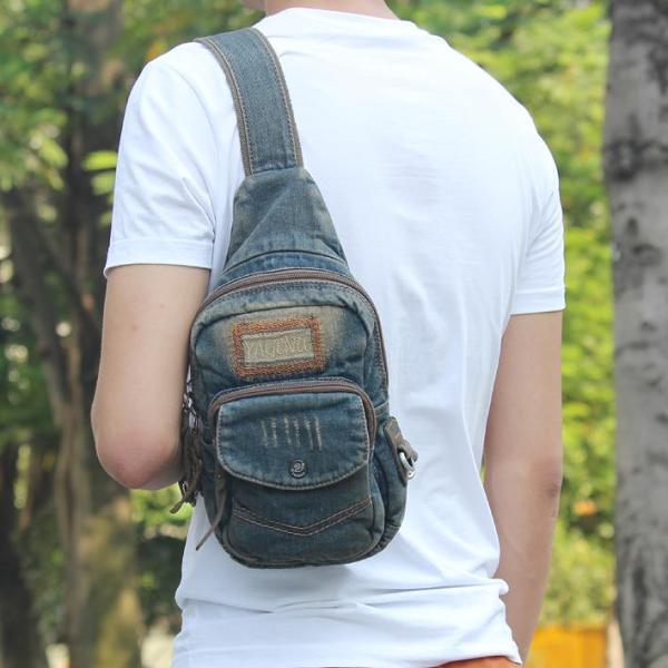 Denim Vintage Blue Messenger Bag Chest Bag Jean Blue One Shoulder Backpack For Men