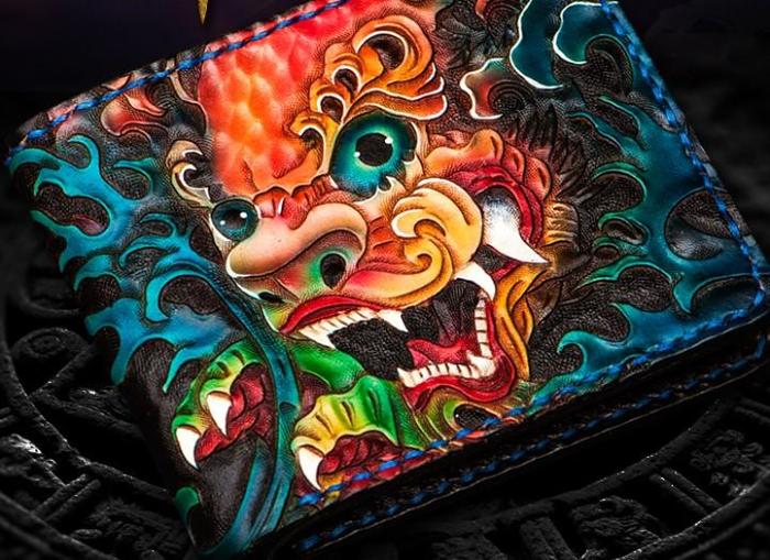 Handmade Leather Tooled Chinese Lion Mens billfold Wallet Cool Slim Wallet Biker Wallet for Men
