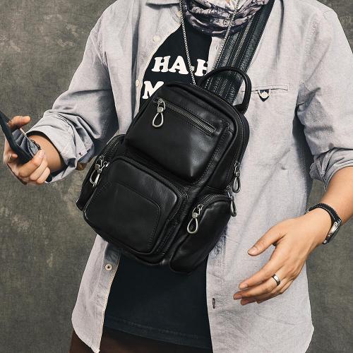 Cool Leather Mens 8 Black Backpack Sling Bag Chest Bag One Shoulder Backpack for Men