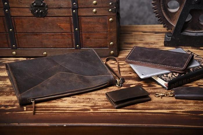 Handmade Leather Mens Clutch Cool Slim BagZipper Clutch Wristlet Wallet for Men